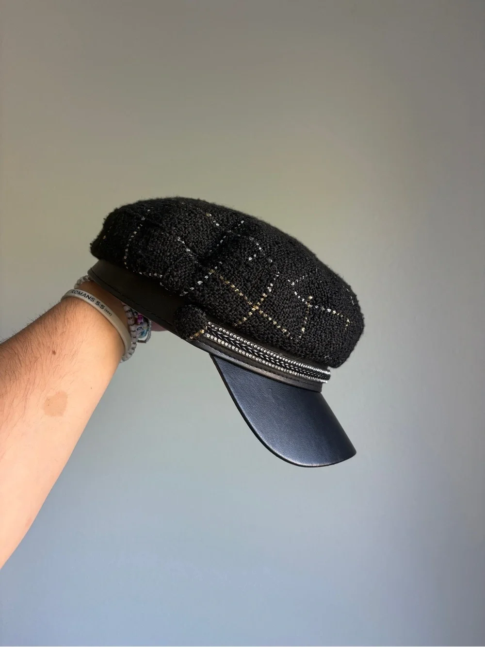 Y2K Juicy Couture Black Tweed Newsboy Cap with Faux Leather Visor